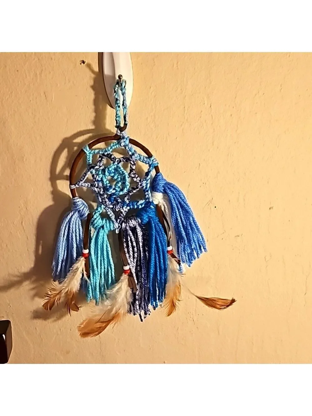Hand Knit Crochet Dreamcatcher Brown Blue Yarn Feathers